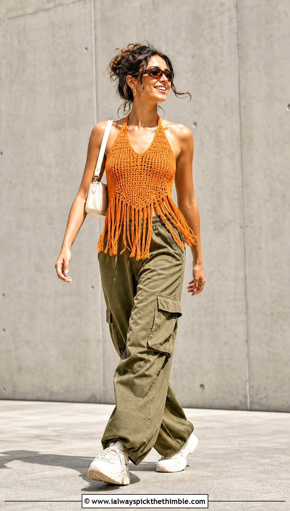 Fringe Crochet Halter Top With Cargo Pants - 25 easy crochet halter top outfit ideas