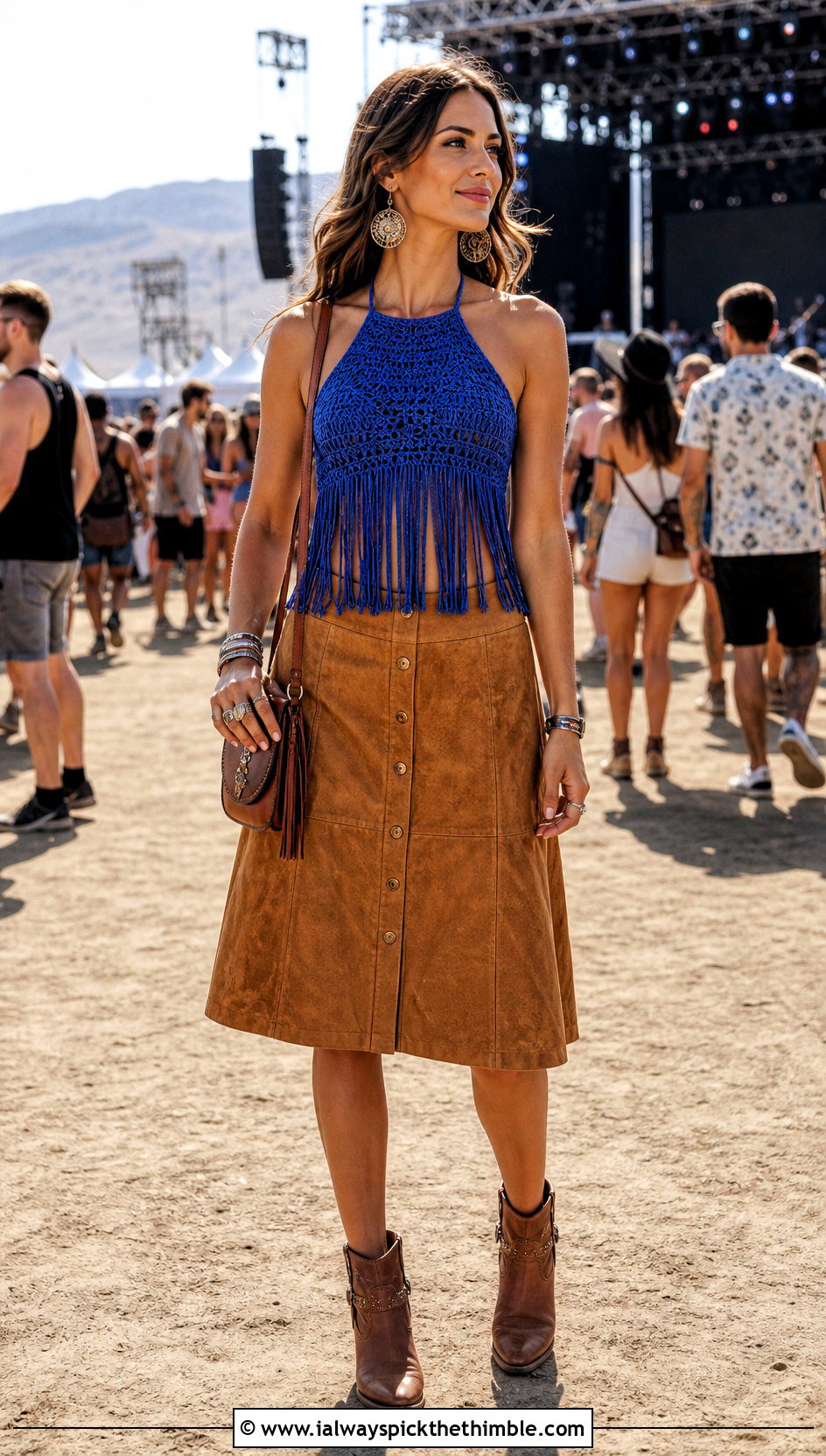 Fringe Crochet Halter Top With Suede Midi Skirt - 25 crochet womens tops outfit ideas