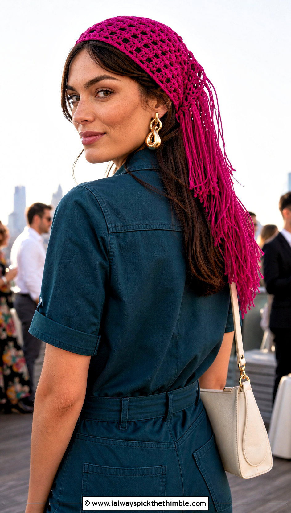 Fringe Crochet Head Scarf With Jumpsuit And Platform Shoes - 20 crochet head wrap outfit ideas