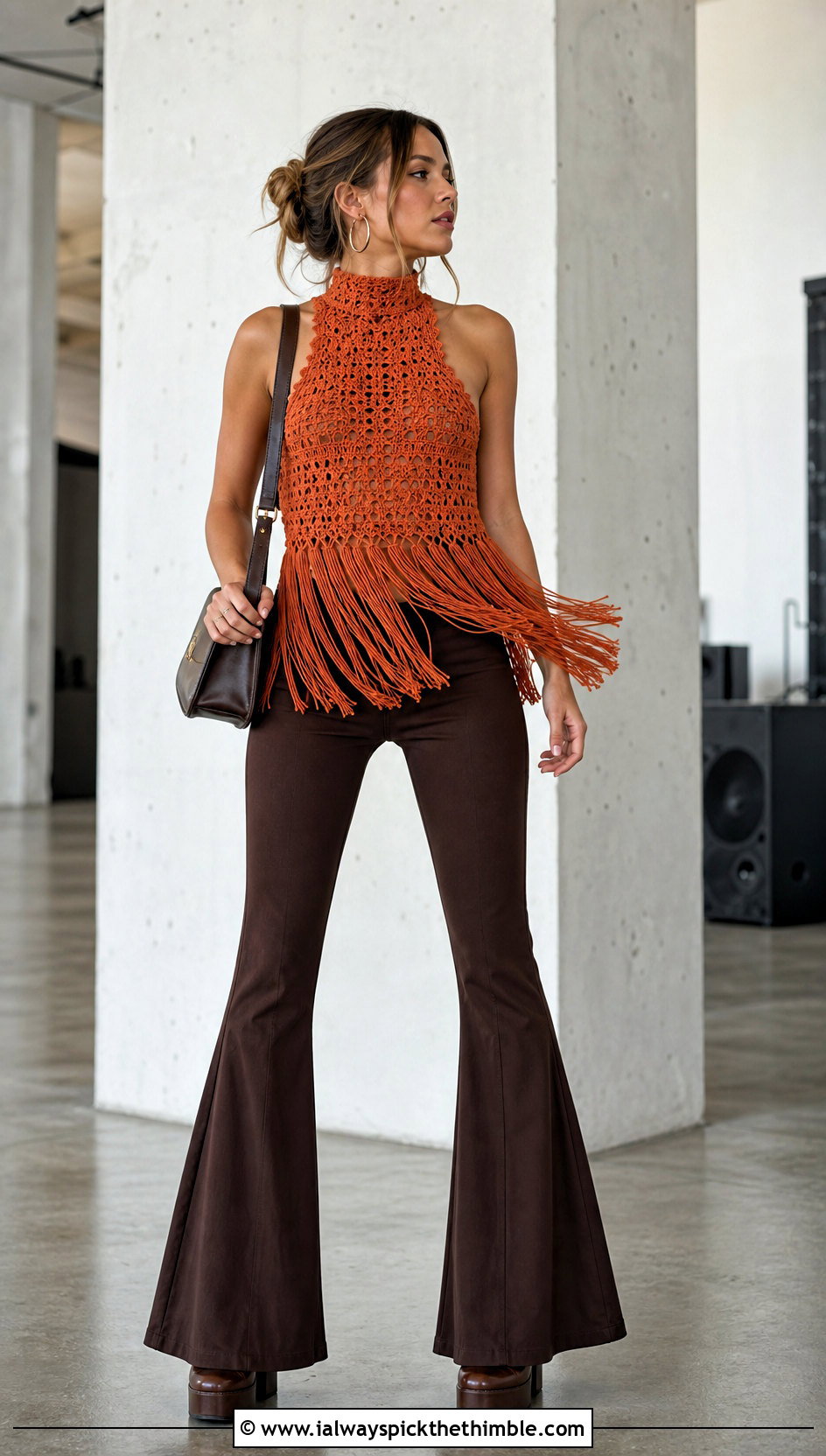 Fringe Crochet High Neck Top With Tailored Flared Pants - 25 crochet high neck top outfit ideas