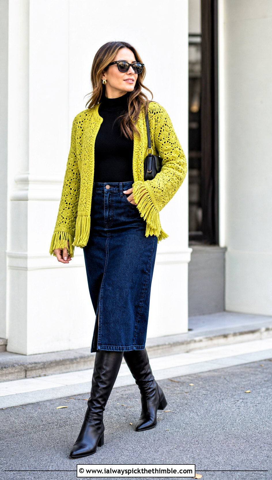 Fringe Crochet Jacket With Denim Midi Skirt - 20 crochet holiday outfit ideas