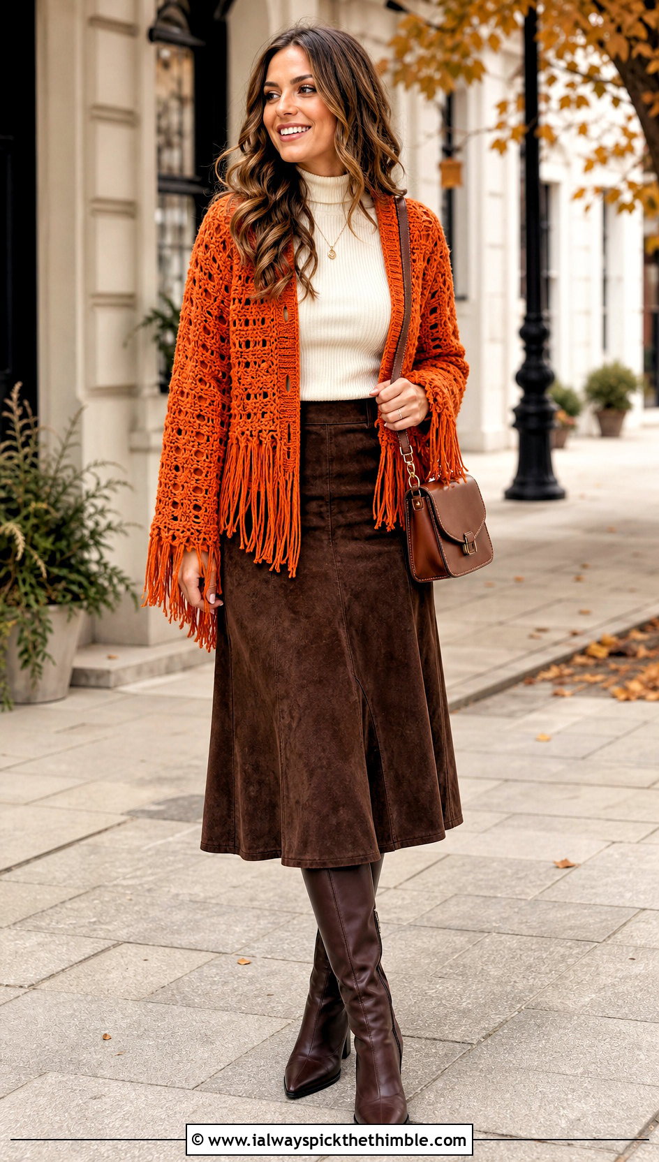 Fringe Crochet Jacket With Suede Skirt - 20 crochet clothes jacket outfit ideas