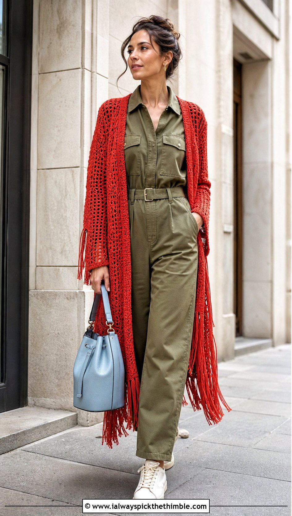 Fringe Crochet Long Cardigan With Utility Jumpsuit - 25 crochet long sweater outfit ideas