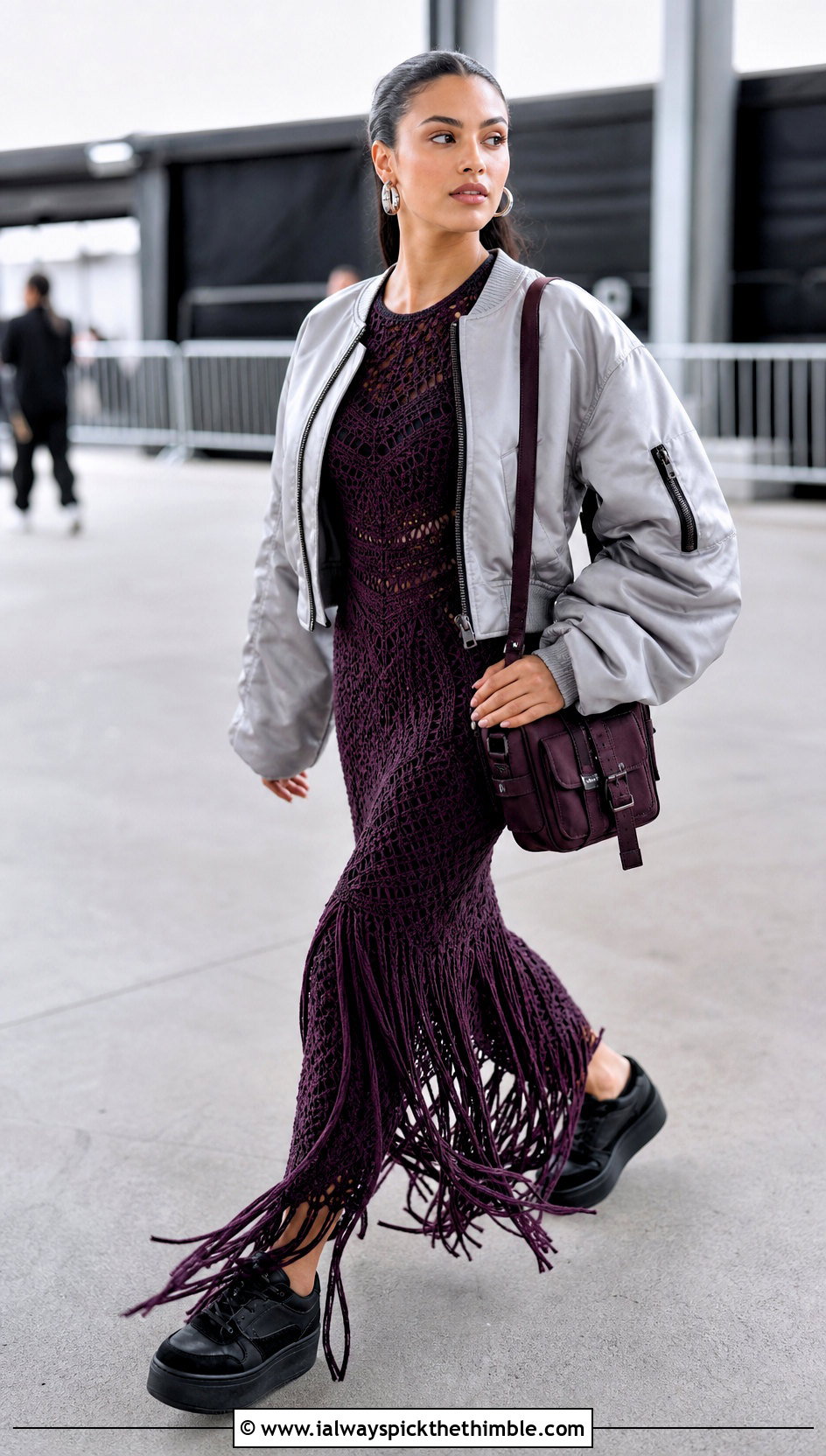 Fringe Crochet Long Dress With Bomber Jacket - 25 crochet long dress outfit ideas