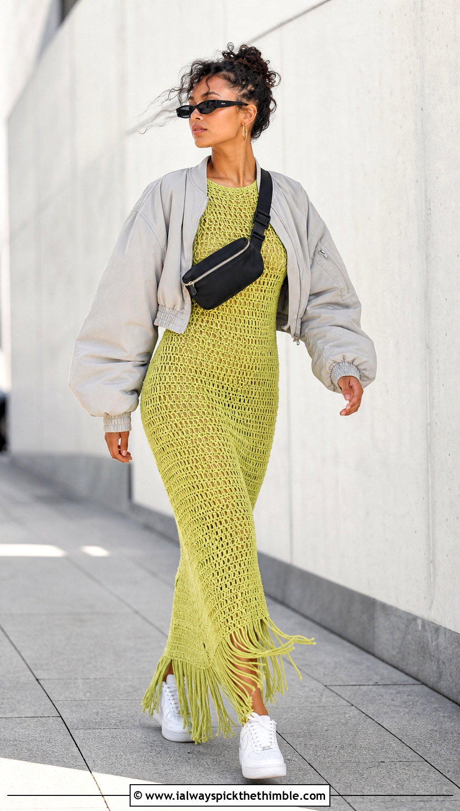 Fringe Crochet Maxi Dress With Bomber Jacket - 25 Crochet Maxi Dress outfit ideas