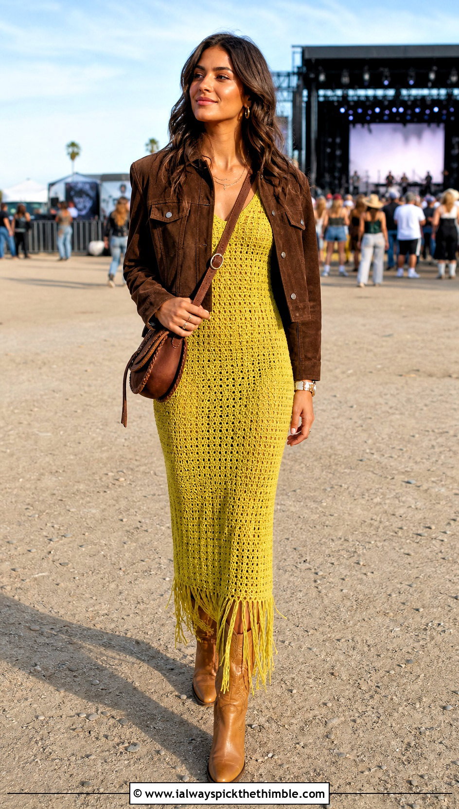 Fringe Crochet Maxi Dress With Cowboy Boots - 25 crochet dress inspo outfit ideas