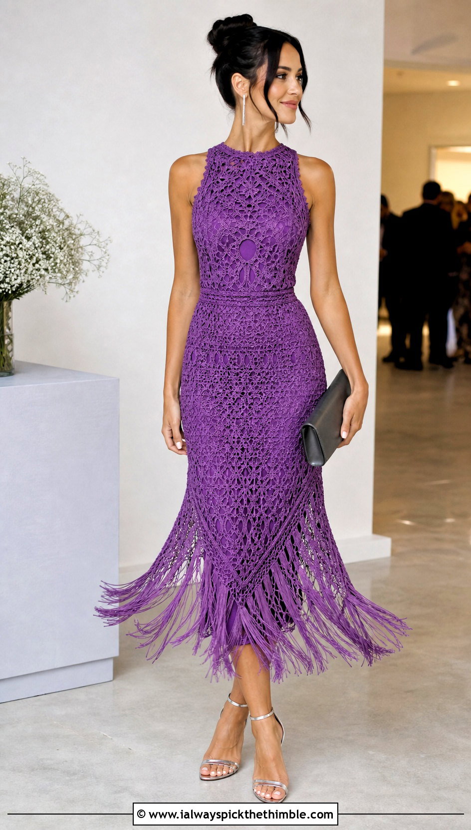 Fringe Crochet Midi Dress With Heeled Sandals - 25 crochet outfit ideas