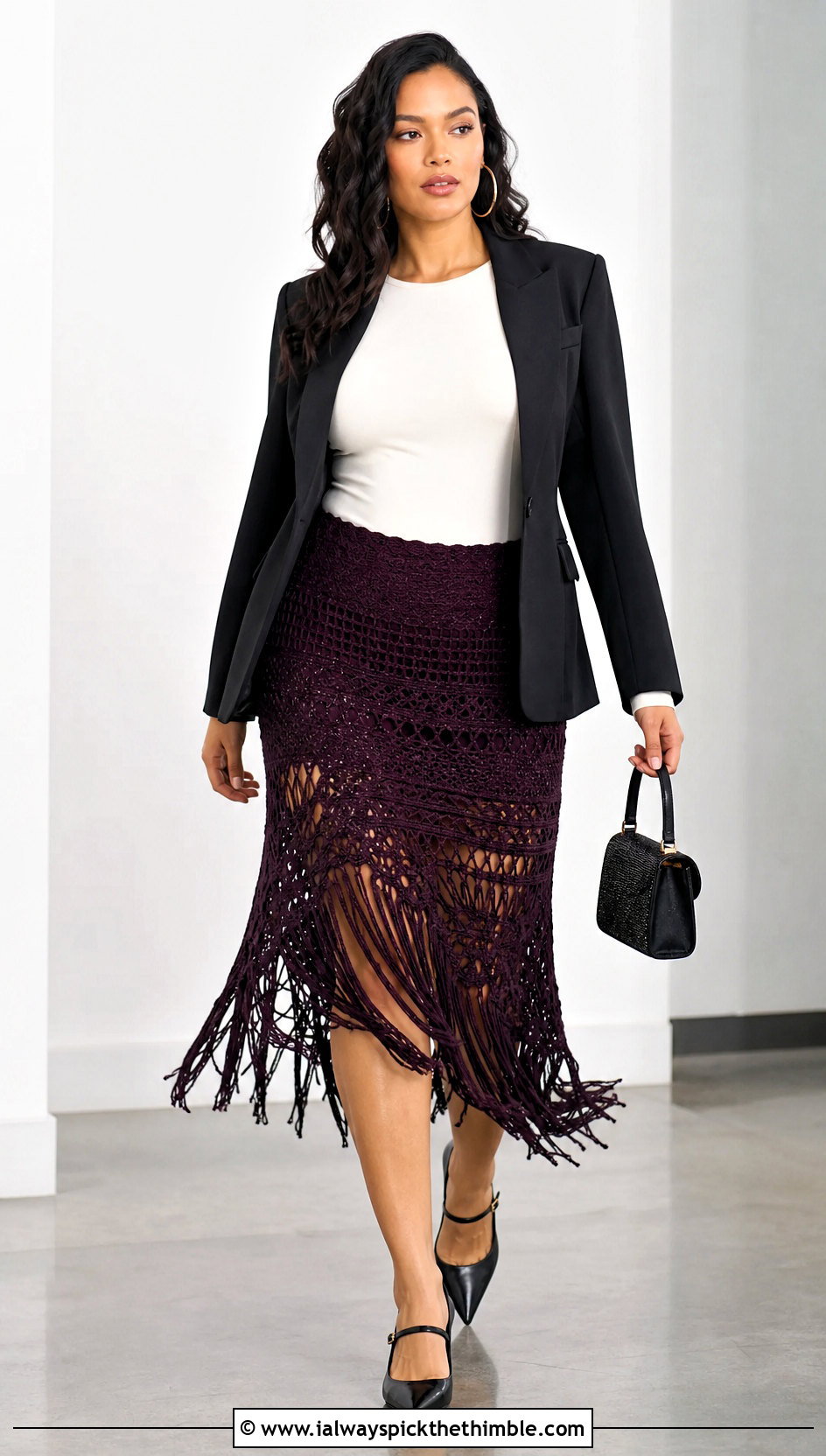 Fringe Crochet Midi Skirt With Bodysuit And Blazer - 15 Crochet Nye Outfit ideas