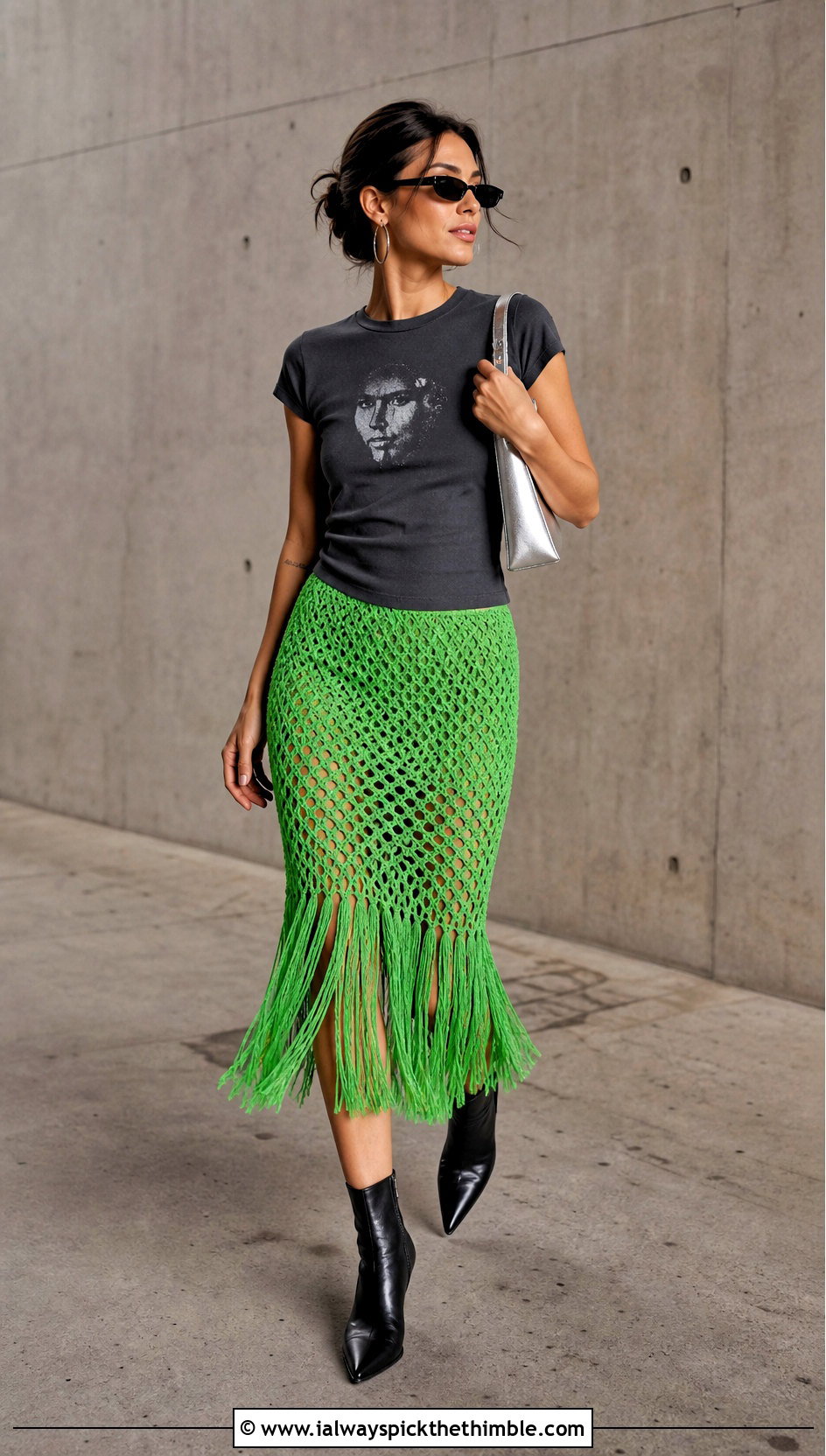 Fringe Crochet Midi Skirt With Graphic Tee - 20 crochet skirt y2k outfit ideas