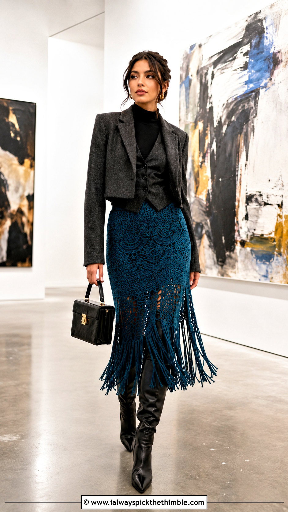 Fringe Crochet Midi Skirt With Tailored Vest - 25 crochet winter skirt outfit ideas
