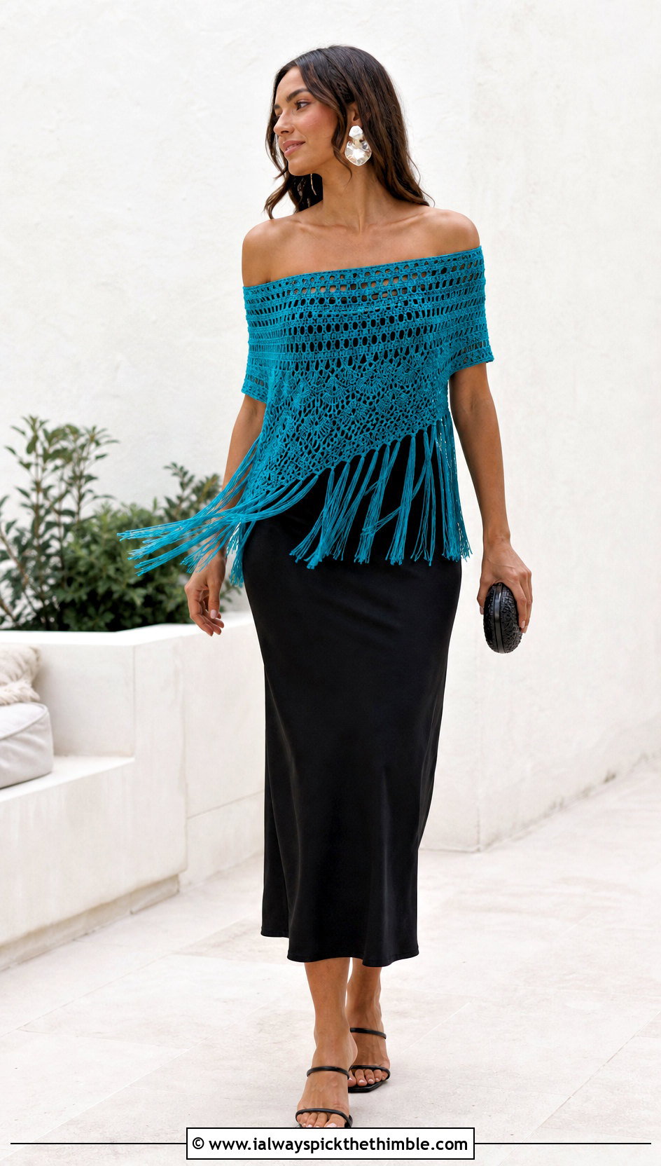 Fringe Crochet Off Shoulder Top With Column Skirt - 25 Crochet Off Shoulder Top outfit ideas