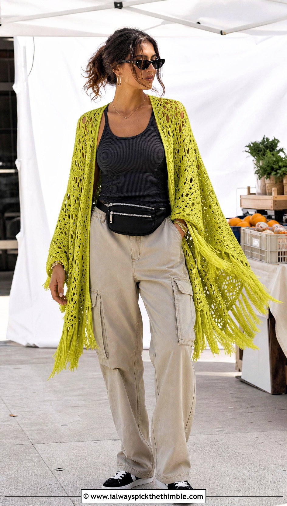 Fringe Crochet Poncho Cover Up With Cargo Pants - 20 easy crochet cover up outfit ideas