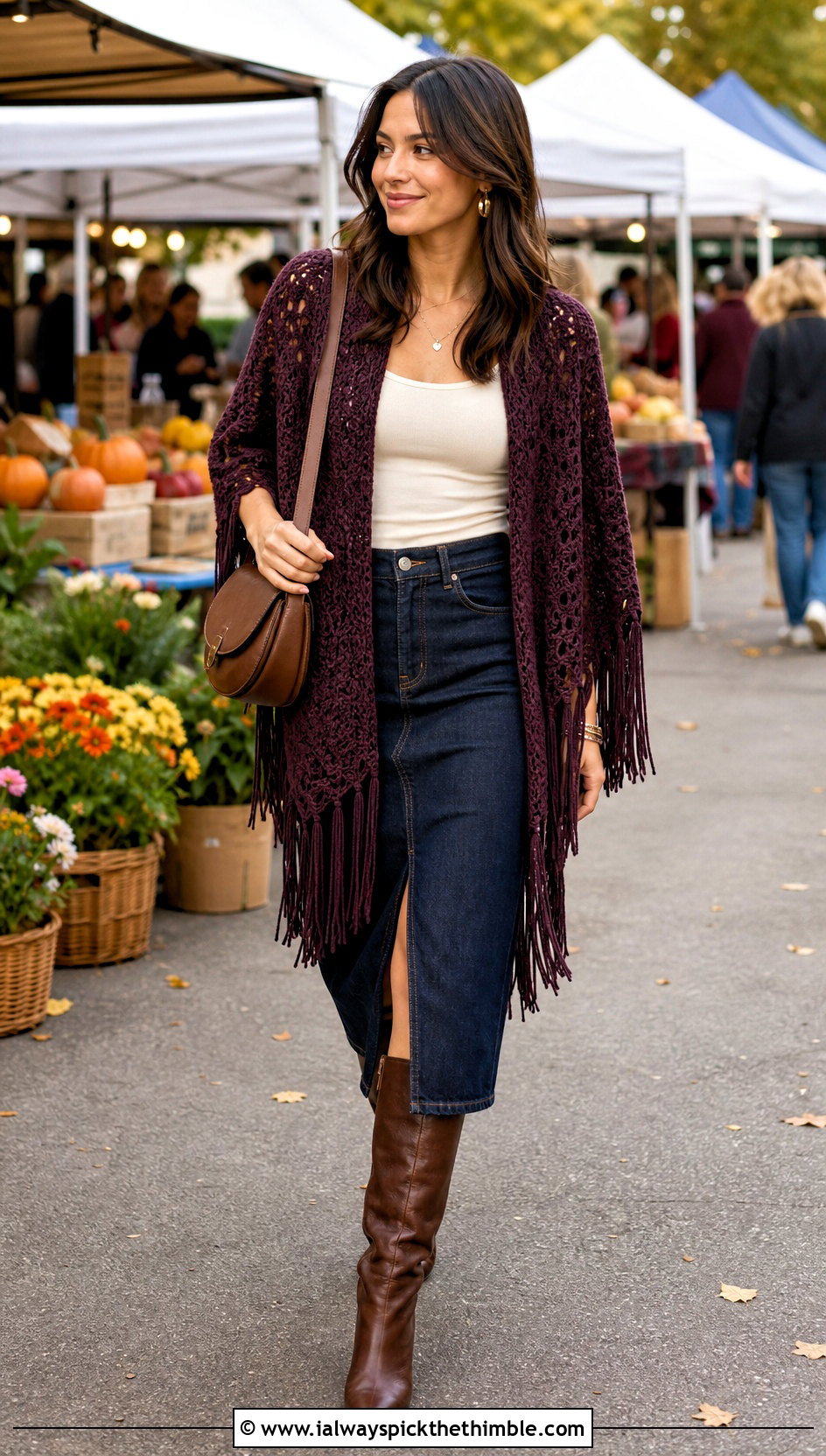 Fringe Crochet Poncho Shawl With Denim Midi Skirt - 20 crochet poncho shawl outfit ideas