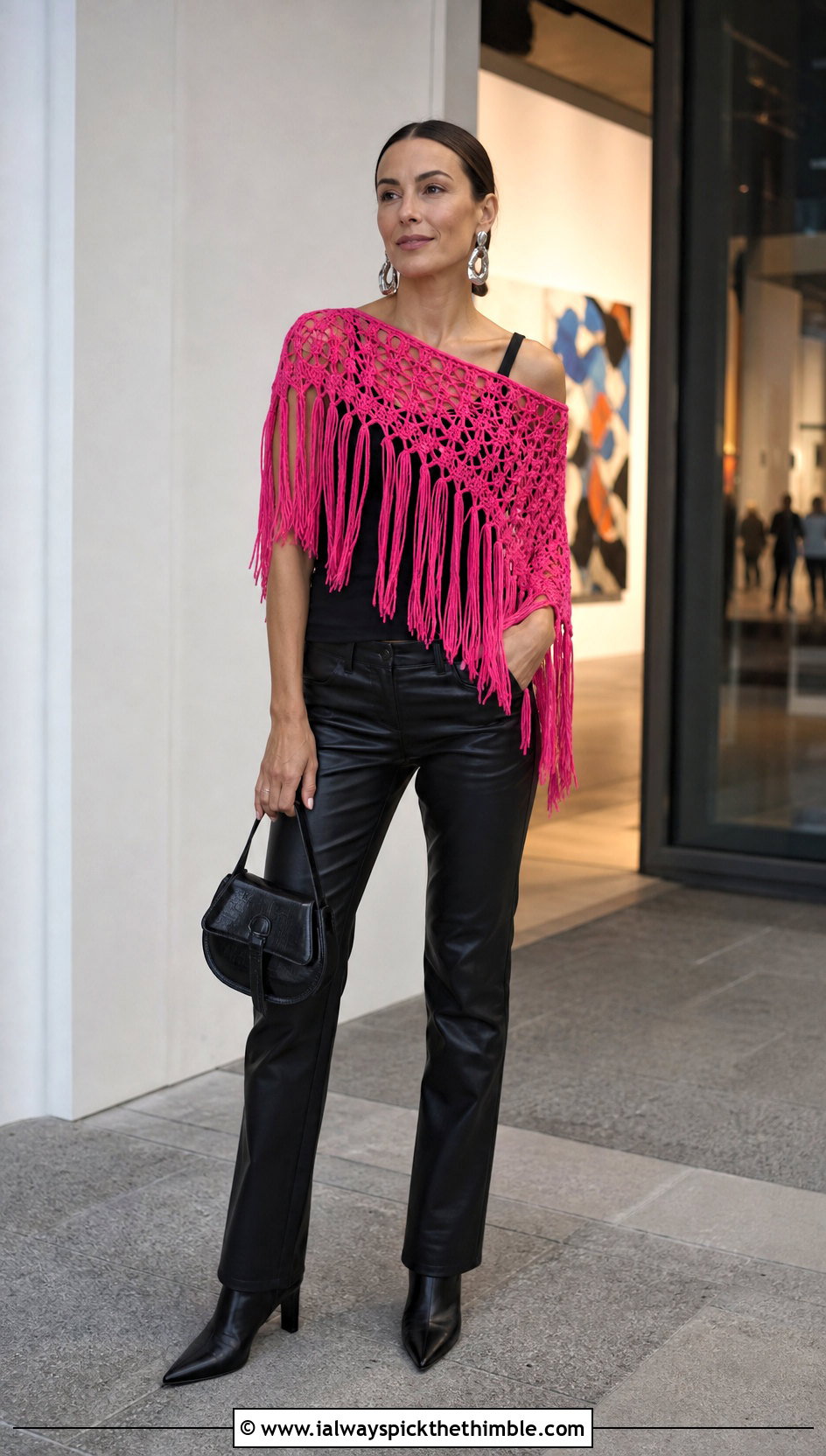 Fringe Crochet Poncho Top With Leather Pants - 20 Crochet Poncho Top outfit ideas