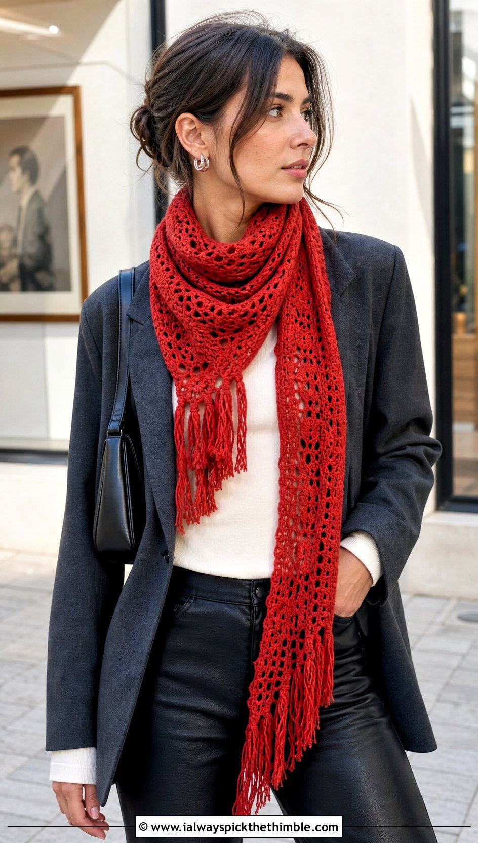 Fringe Crochet Scarf With Blazer And Leather Pants - 25 cute crochet scarf outfit ideas