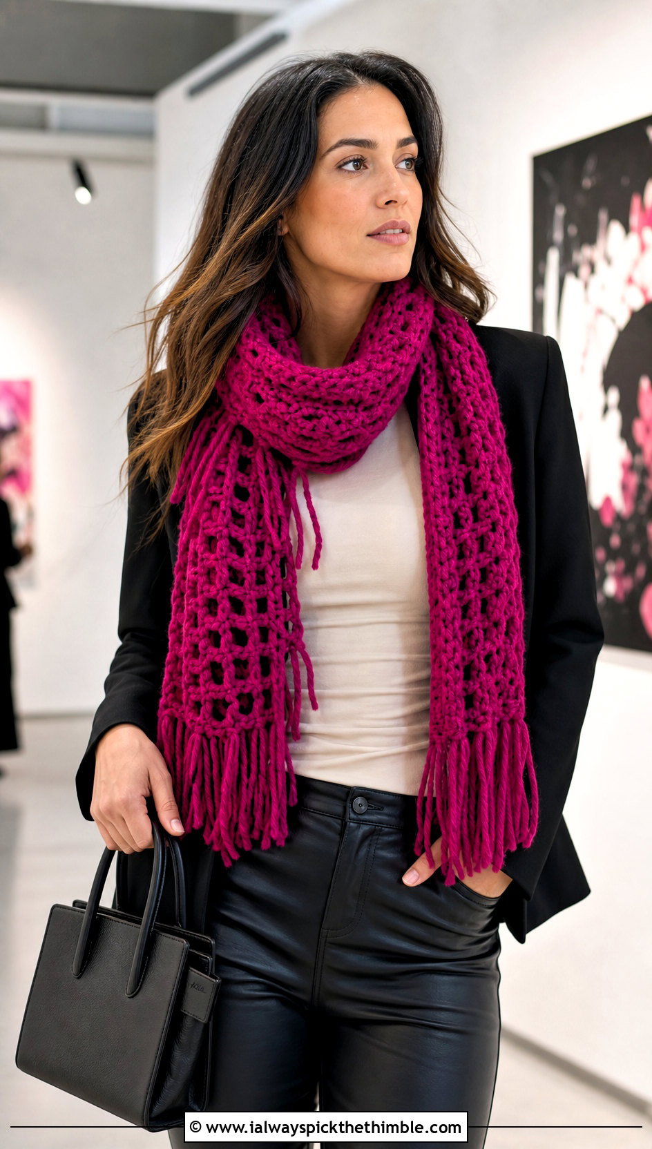 Fringe Crochet Scarf With Blazer And Leather Pants - 20 pretty crochet scarf outfit ideas