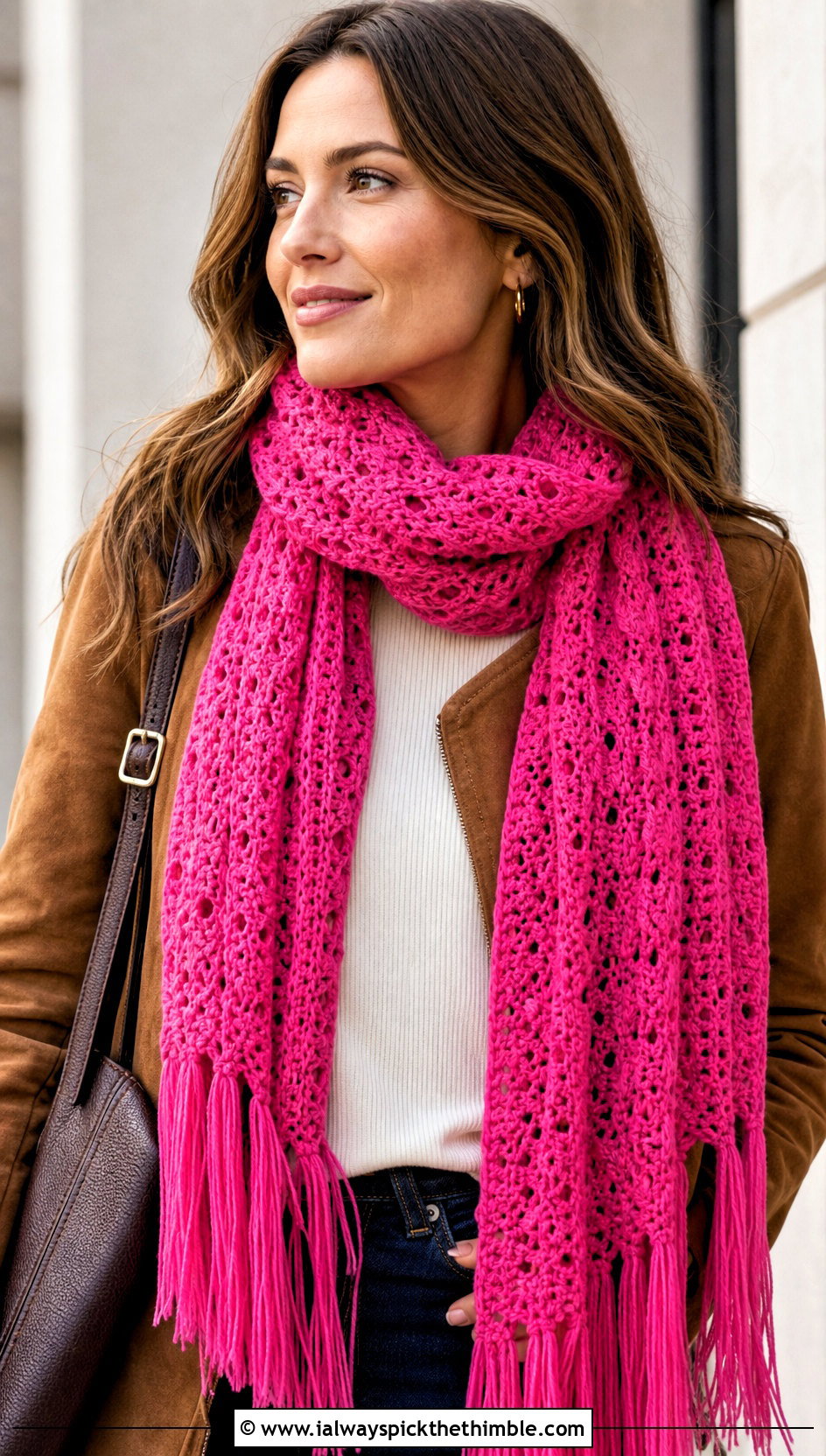 Fringe Crochet Scarf With Suede Jacket - 20 boho crochet scarf outfit ideas