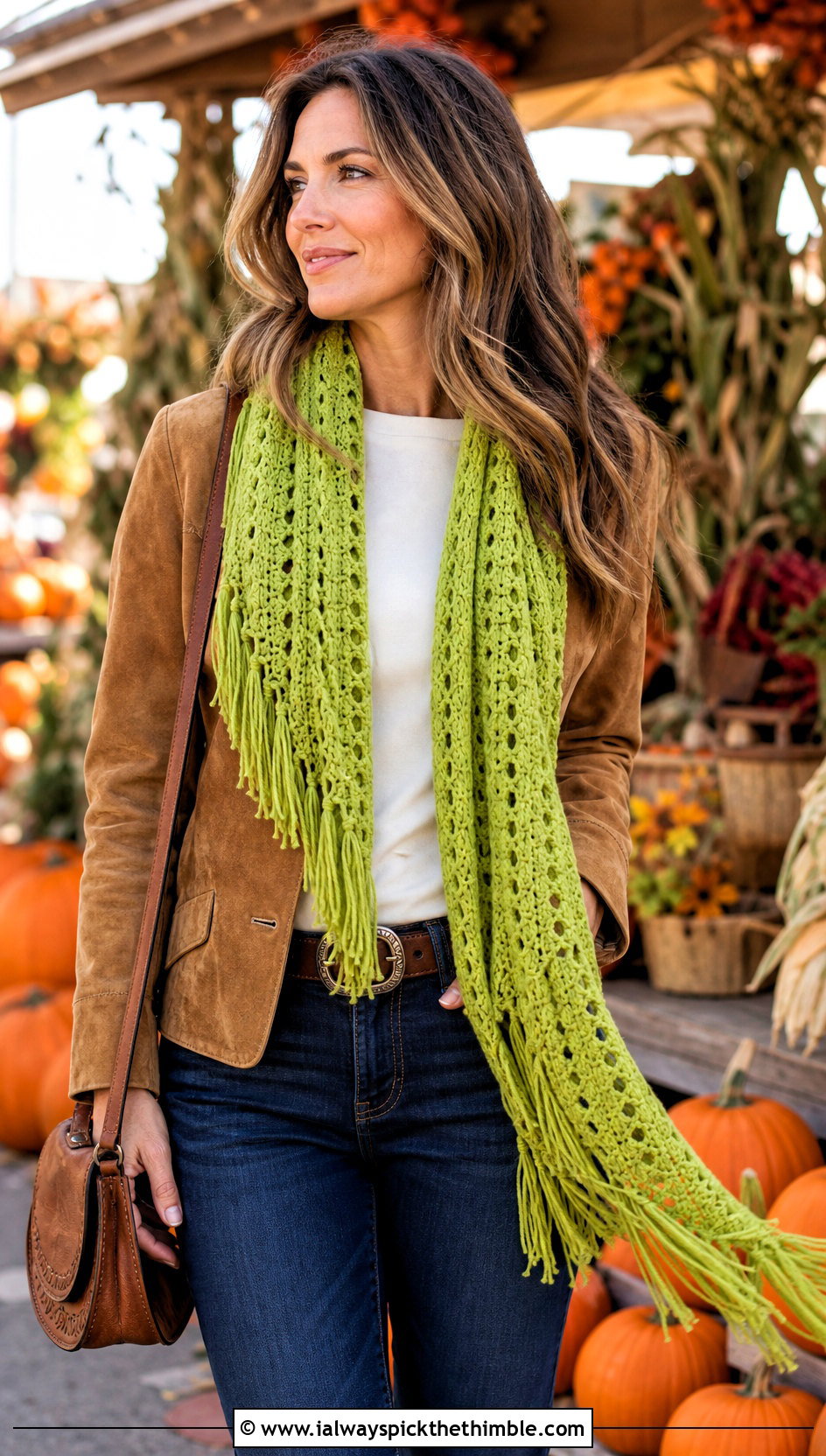 Fringe Crochet Scarf With Suede Jacket - 20 Crochet Scarf For Beginners outfit ideas