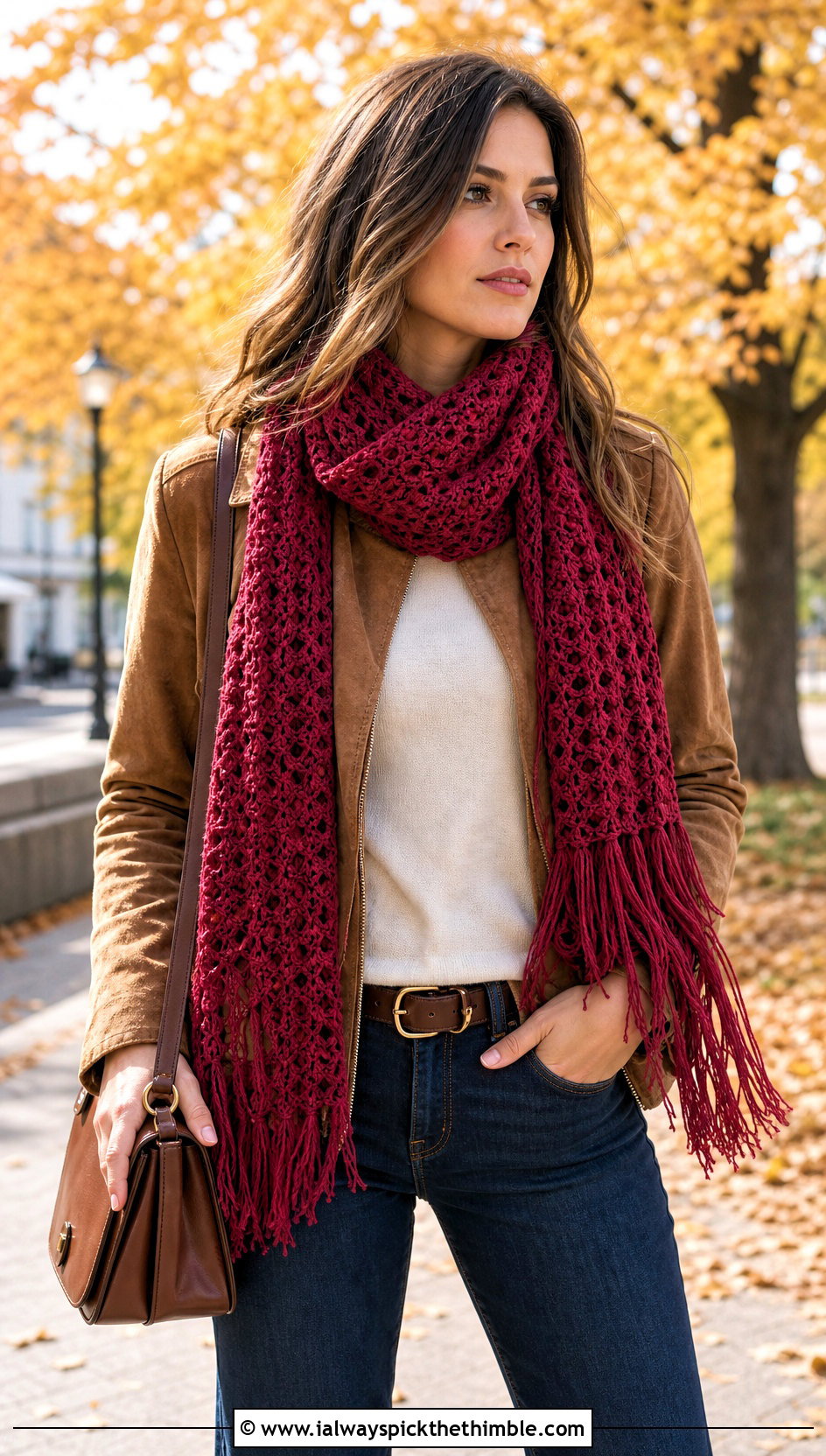 Fringe Crochet Scarf With Suede Jacket - 25 beginner crochet scarf outfit ideas