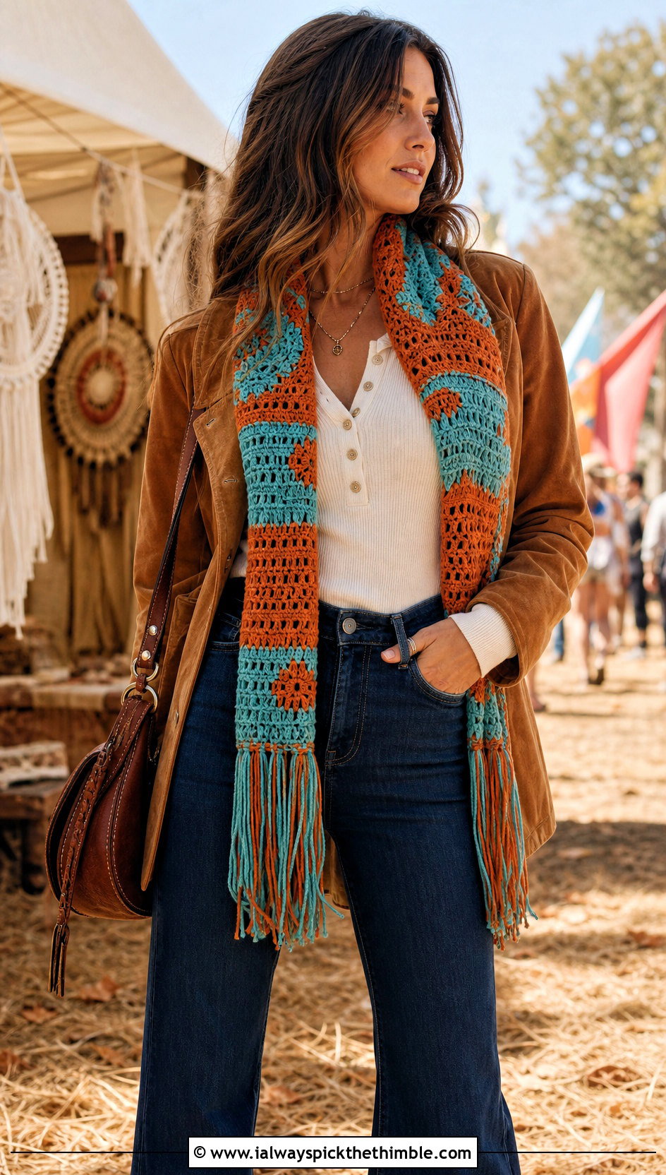 Fringe Crochet Scarf With Suede Jacket And Flared Jeans - 25 fun crochet scarf outfit ideas