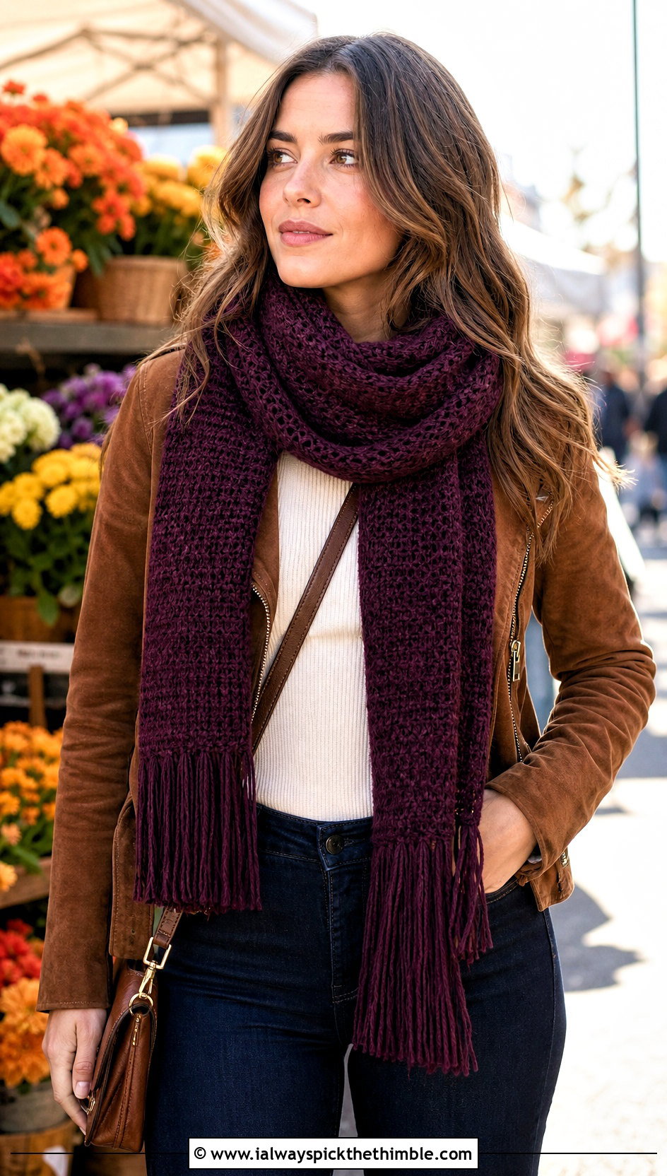 Fringe Crochet Scarf With Suede Jacket - 15 beginner crochet scarf design outfit ideas