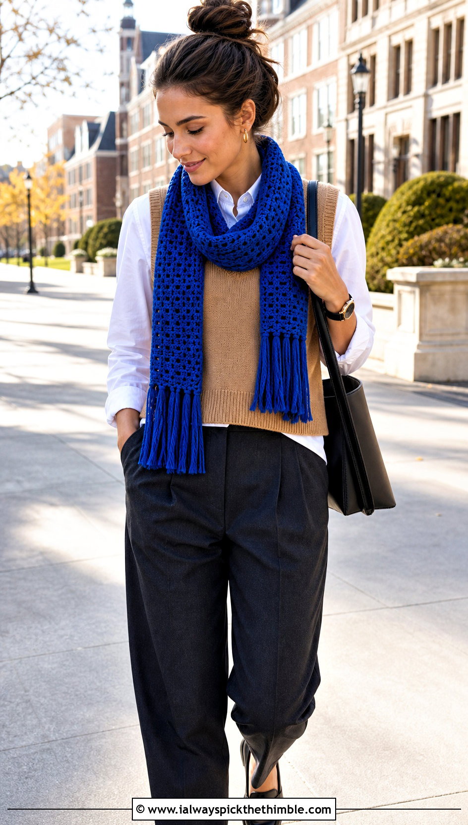 Fringe Crochet Scarf With Sweater Vest And Pleated Trousers - 25 crochet scarf outfit ideas