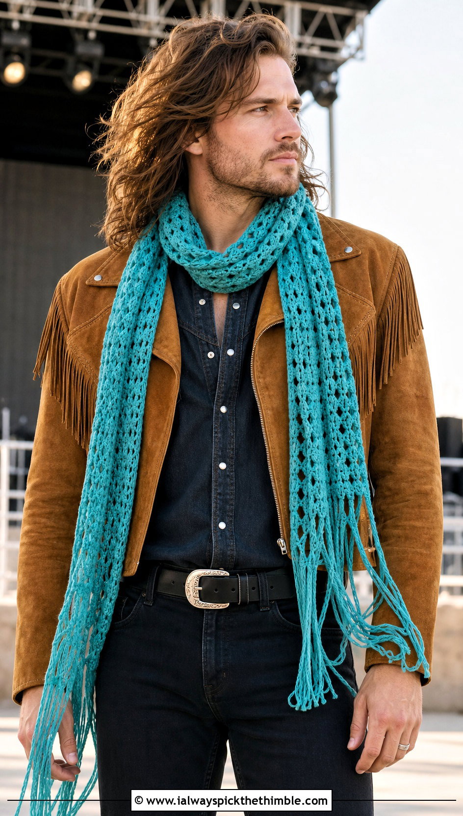 Fringe Crochet Scarf With Western Jacket - 25 men's crochet scarf outfit ideas