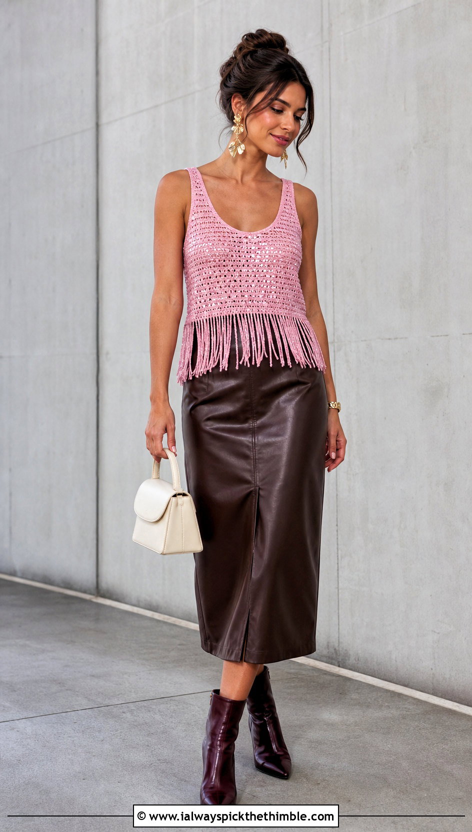 Fringe Crochet Sequin Tank Top With Leather Midi Skirt - 15 crochet sequin tank top outfit ideas