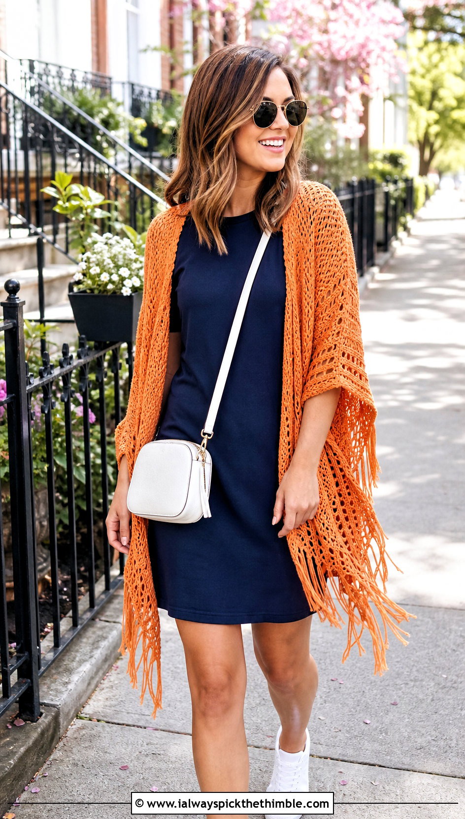 Fringe Crochet Shawl With T Shirt Dress And Sneakers - 20 Spring Crochet Shawl outfit ideas