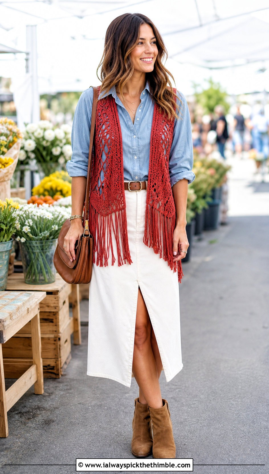Fringe Crochet Shrug Vest With Denim Midi Skirt - 15 crochet shrug vest outfit ideas