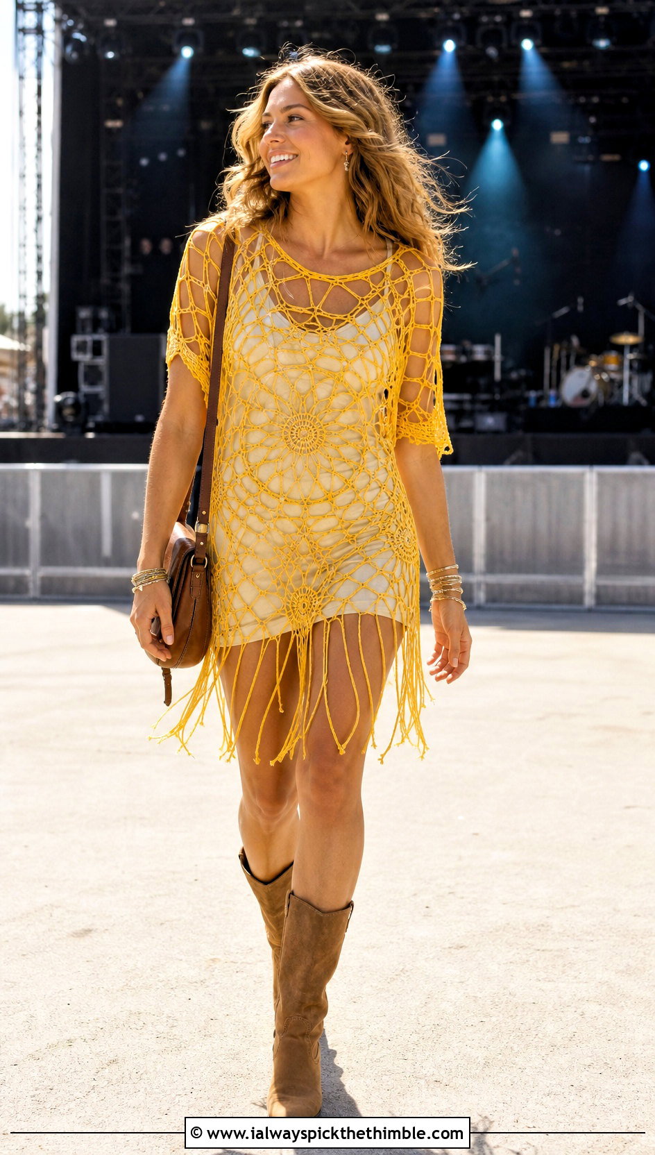 Fringe Crochet Spider Web Mini Dress With Suede Boots - 20 crochet spider web dress outfit ideas