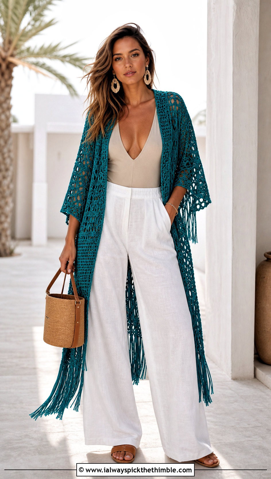 Fringe Crochet Summer Kimono With Linen Pants - 20 crochet summer kimono outfit ideas