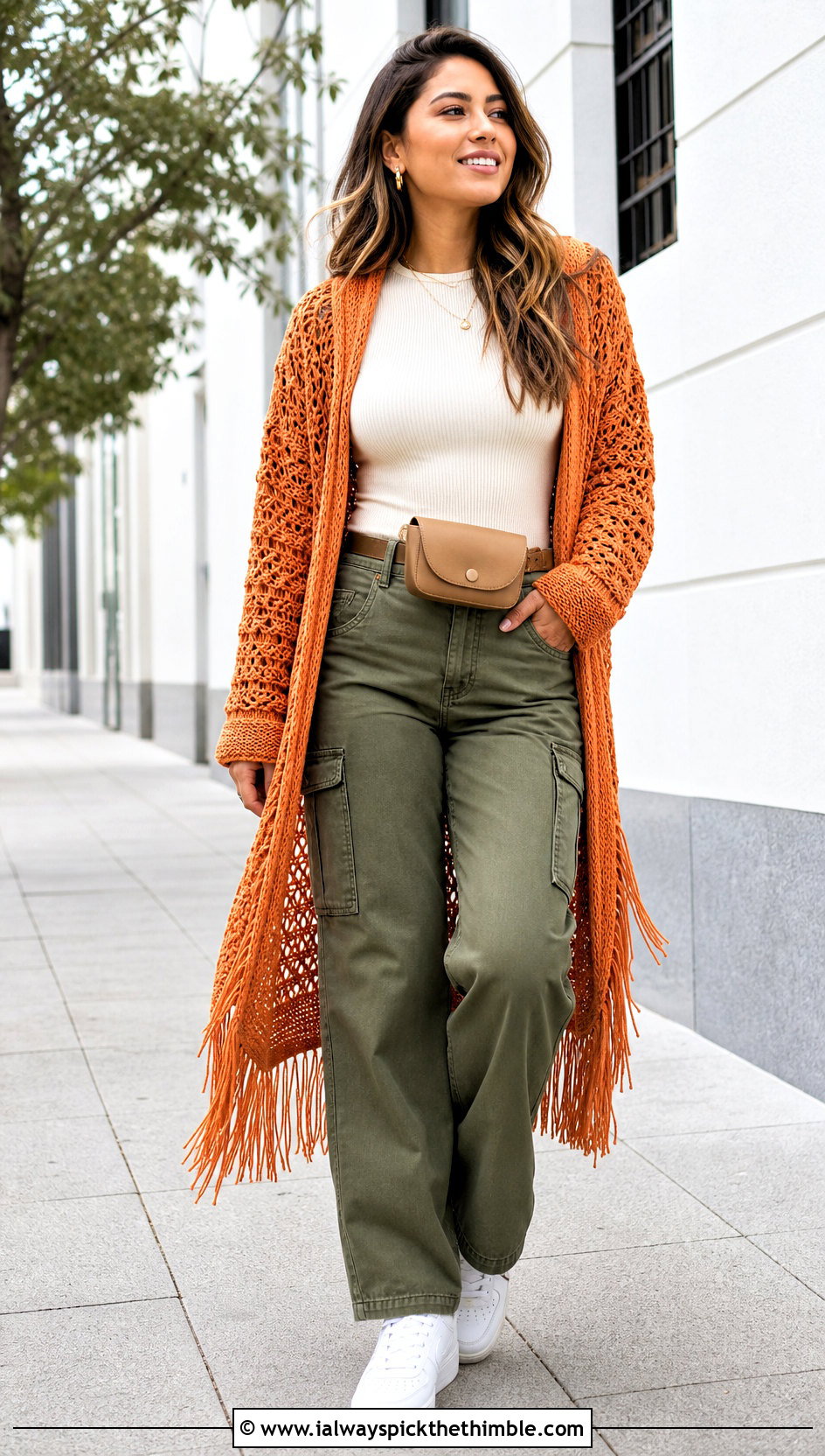 Fringe Crochet Sweater Coat With Cargo Pants - 20 Crochet Sweater Coat outfit ideas