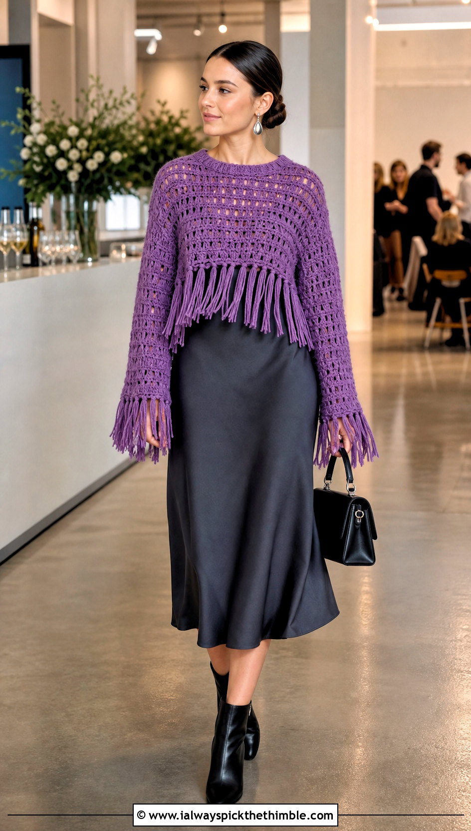 Fringe Crochet Sweater With a Slip Dress - 20 Funky Crochet Sweater outfit ideas