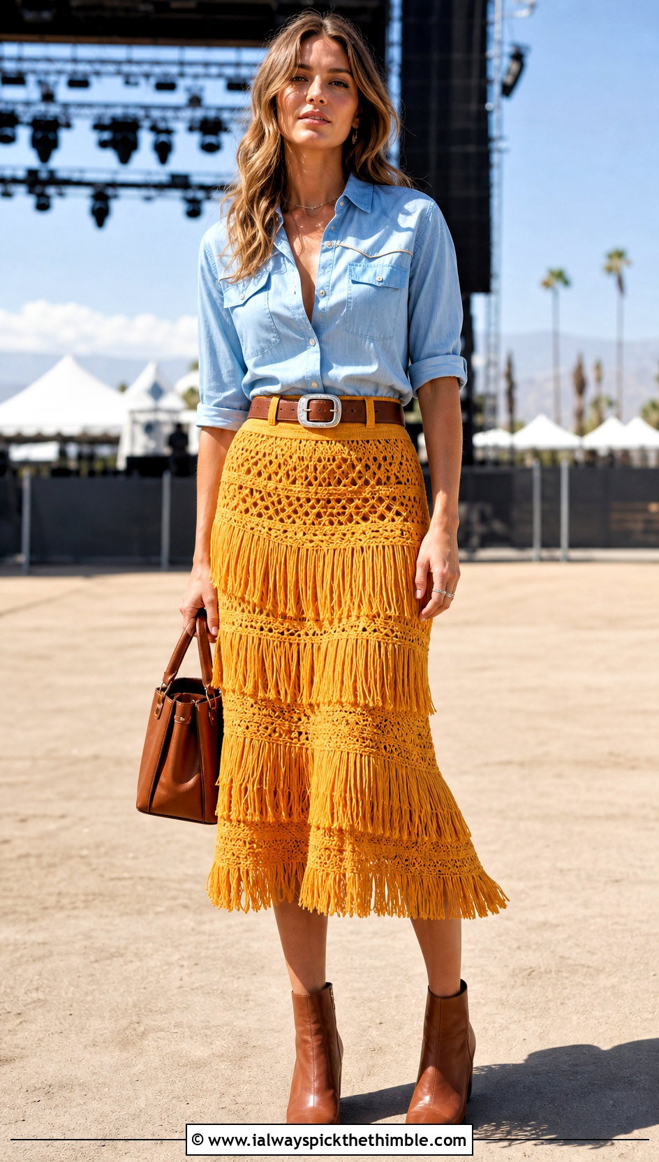 Fringe Crochet Tiered Midi Skirt With Western Shirt - 25 crochet tiered skirt outfit ideas