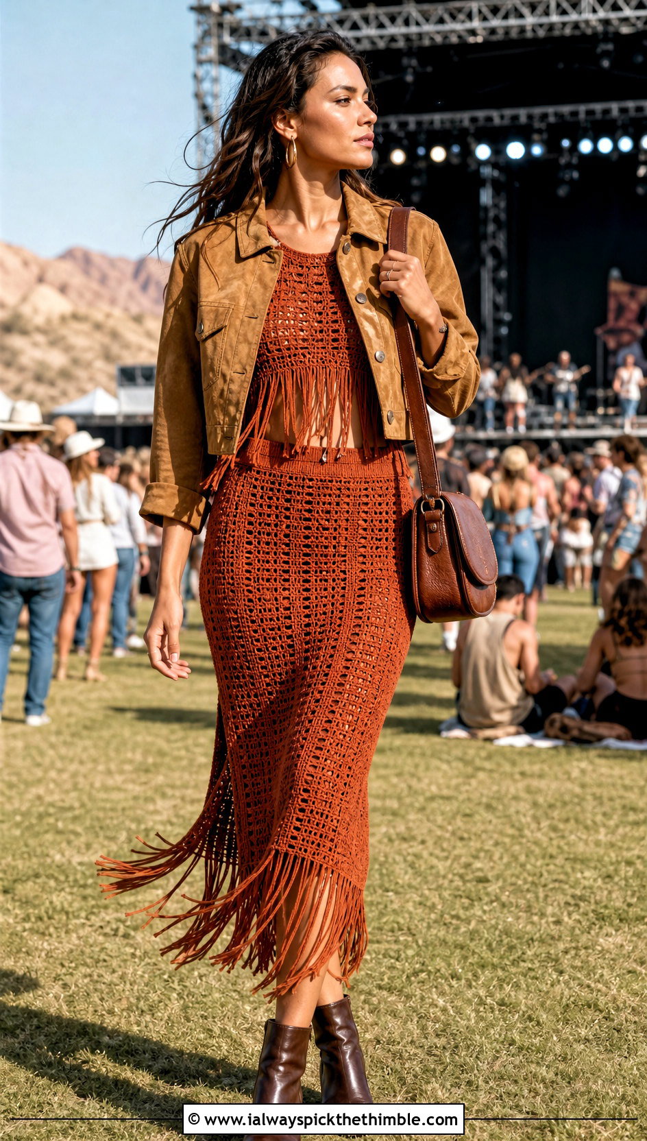 Fringe Crochet Top And Skirt With Suede Jacket - 25 Crochet Top And Skirt outfit ideas