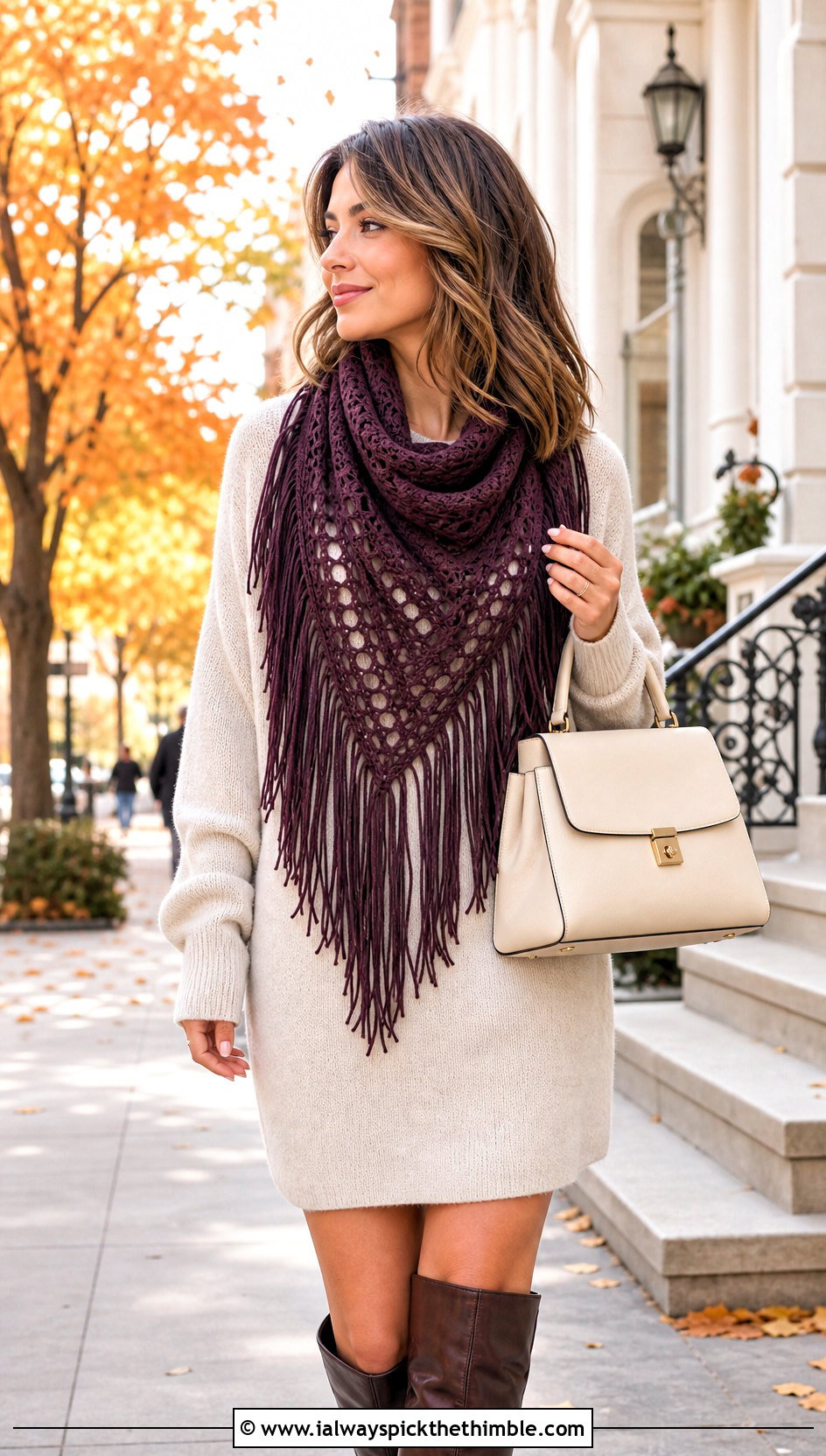Fringe Crochet Triangle Scarf With Sweater Dress And Knee High Boots - 25 crochet triangle scarf outfit ideas