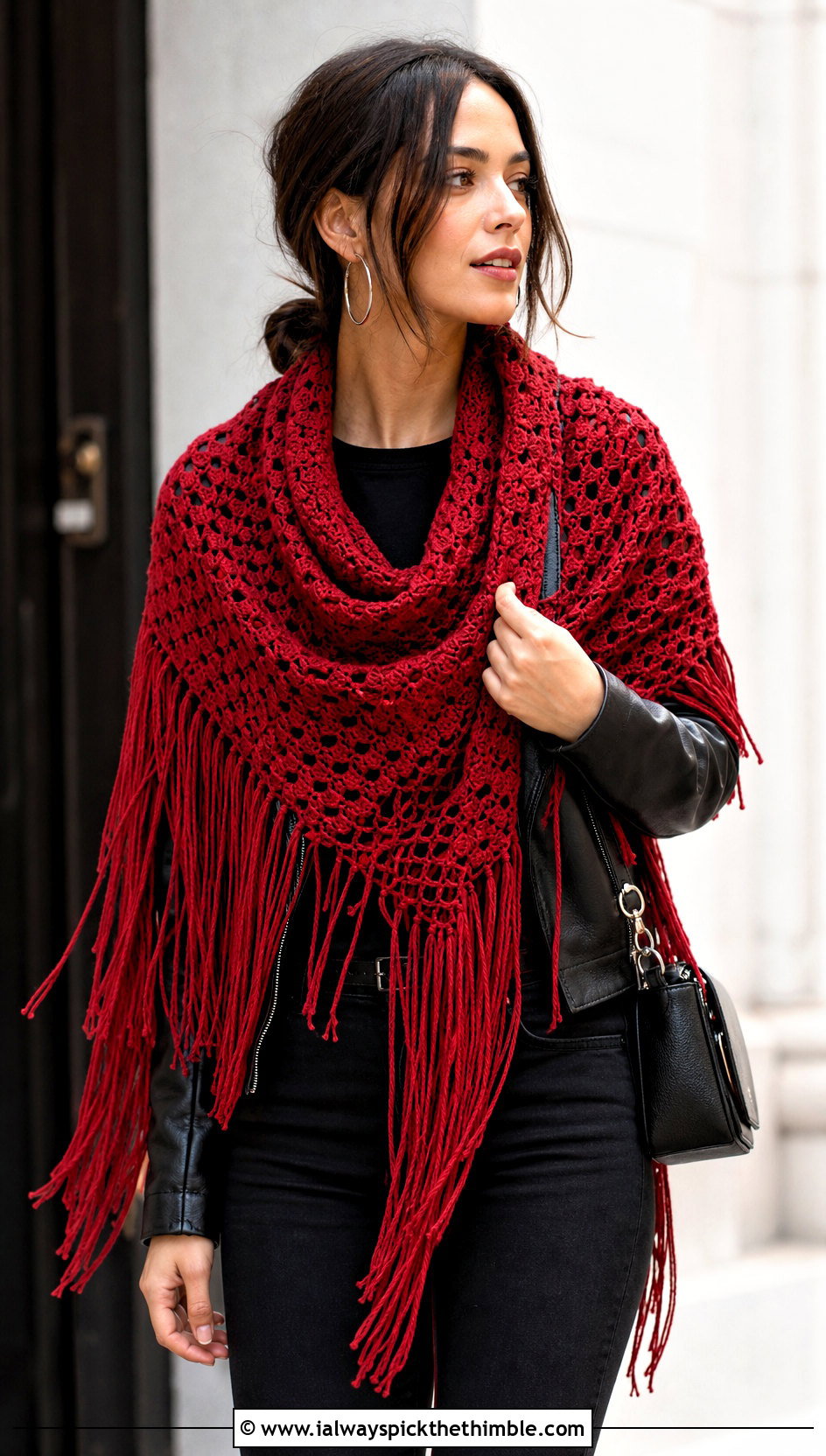 Fringe Crochet Triangle Shawl With Leather Jacket And Black Jeans - 25 crochet triangle shawl outfit ideas