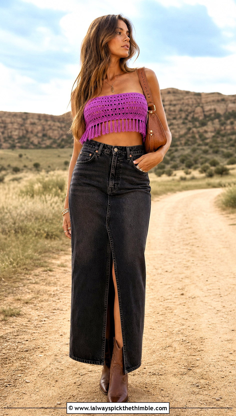 Fringe Crochet Tube Top With A Denim Maxi Skirt - 25 crochet tube top outfit ideas