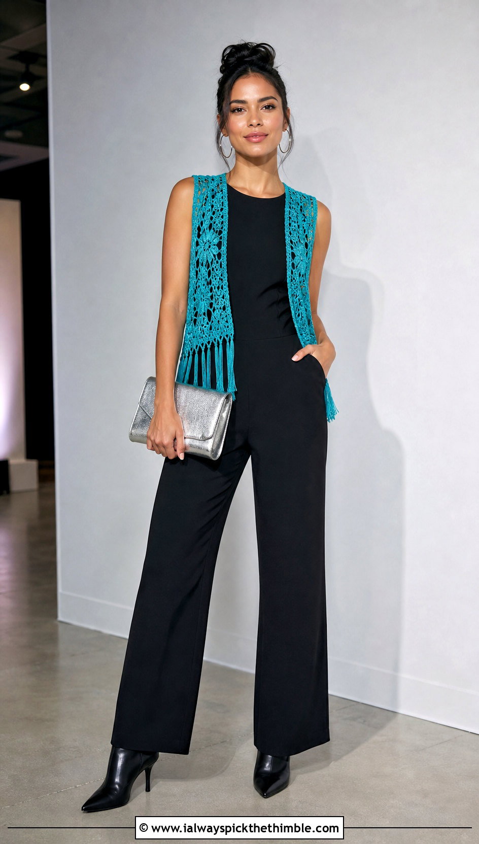 Fringe Crochet Vest With Black Jumpsuit - 20 beginner crochet vest outfit ideas