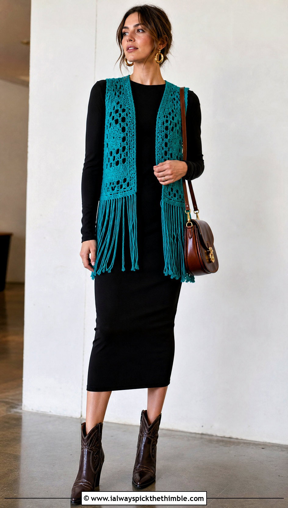 Fringe Crochet Vest With Black Midi Dress - 15 Crochet Fall Vest outfit ideas