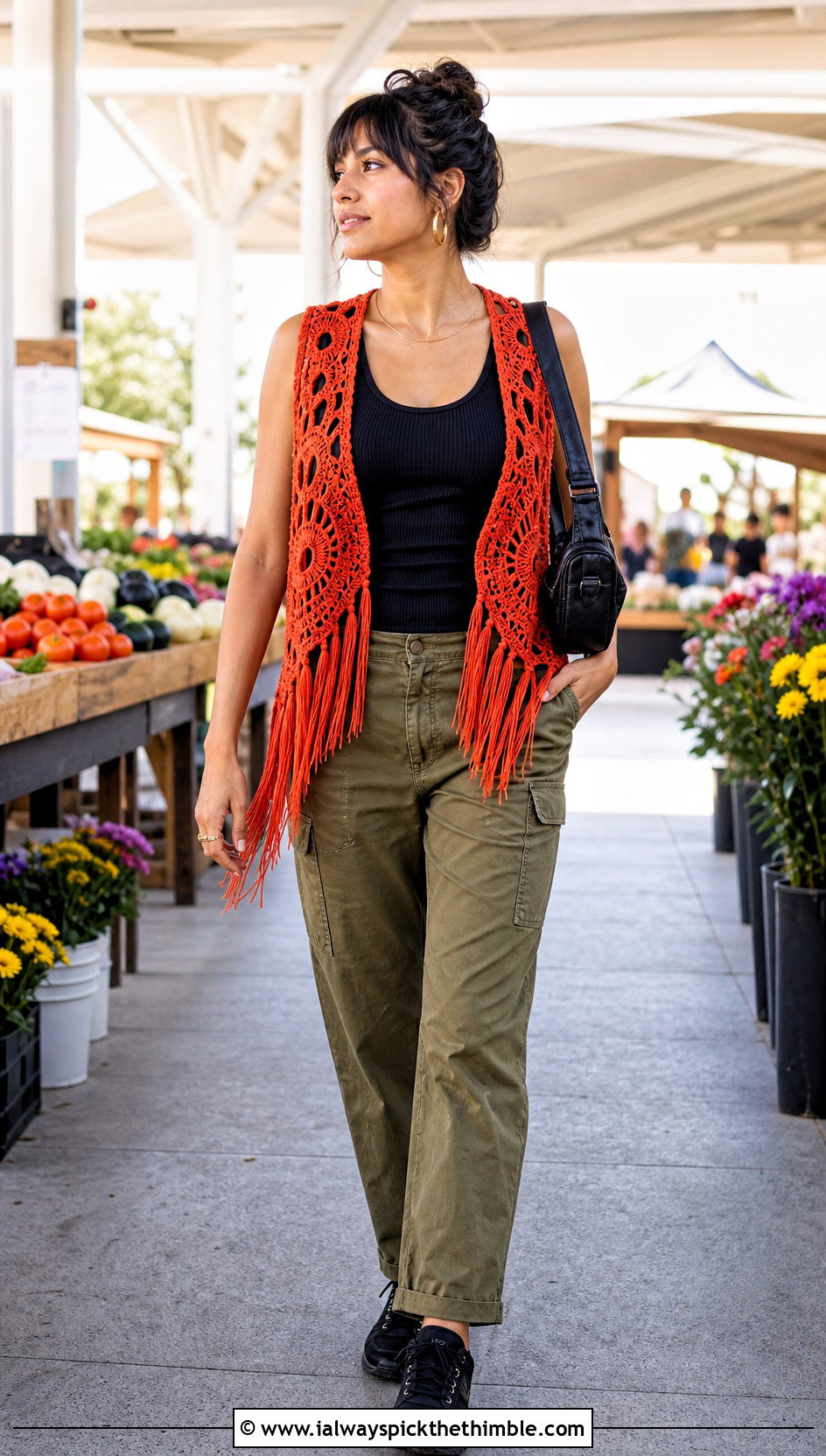Fringe Crochet Vest With Cargo Pants - 25 easy crochet vest outfit ideas