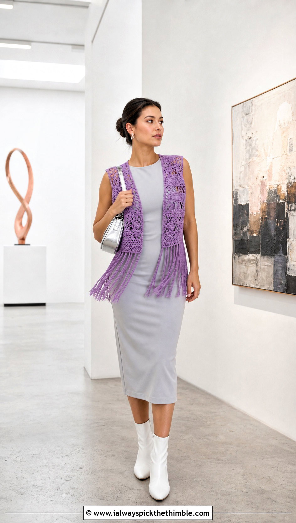 Fringe Crochet Vest With Column Dress - 20 Easy Crochet Vest For Beginners outfit ideas