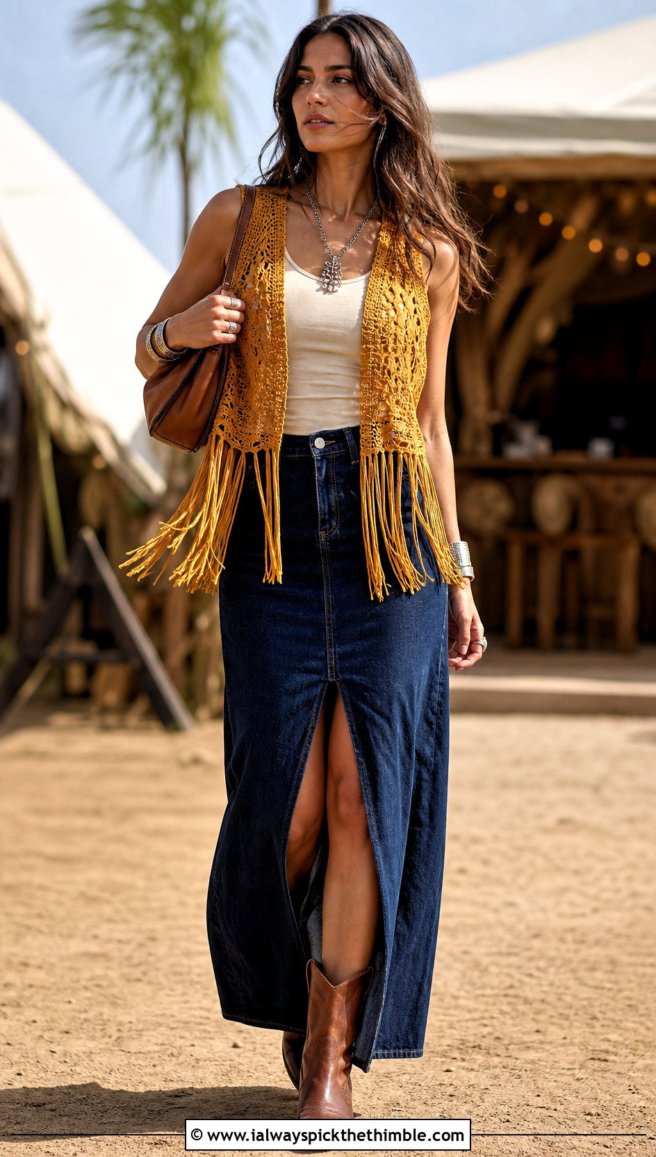 Fringe Crochet Vest With Denim Maxi Skirt - 20 crochet vest outfit aesthetic outfit ideas