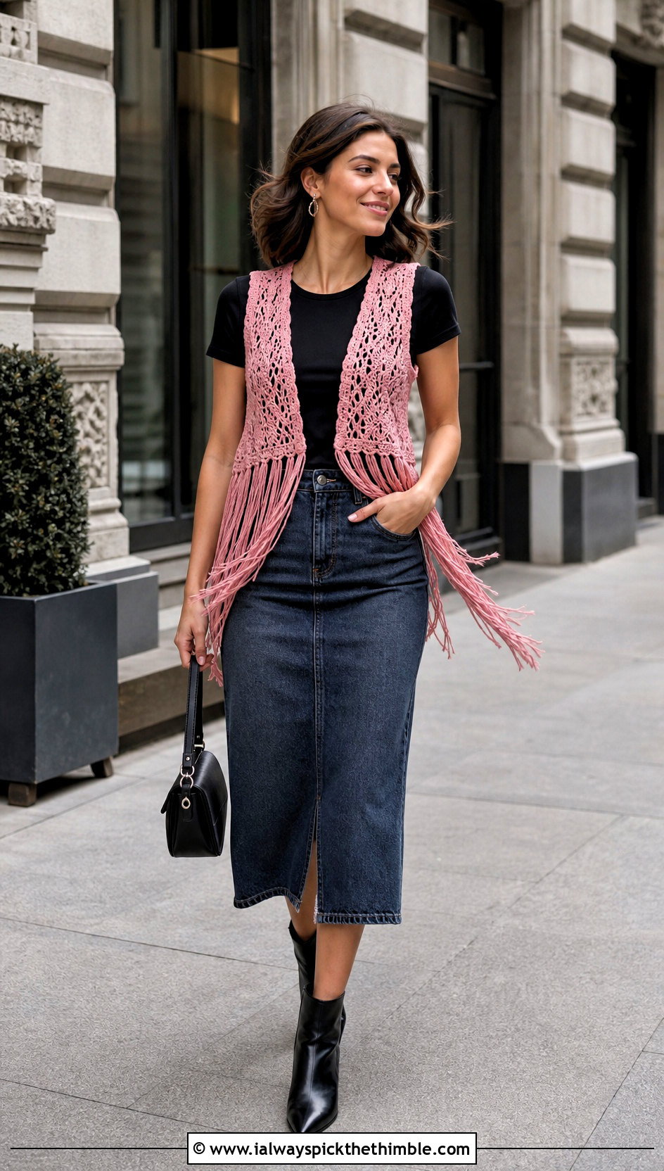 Fringe Crochet Vest With Denim Midi Skirt - 25 crochet vest outfit ideas