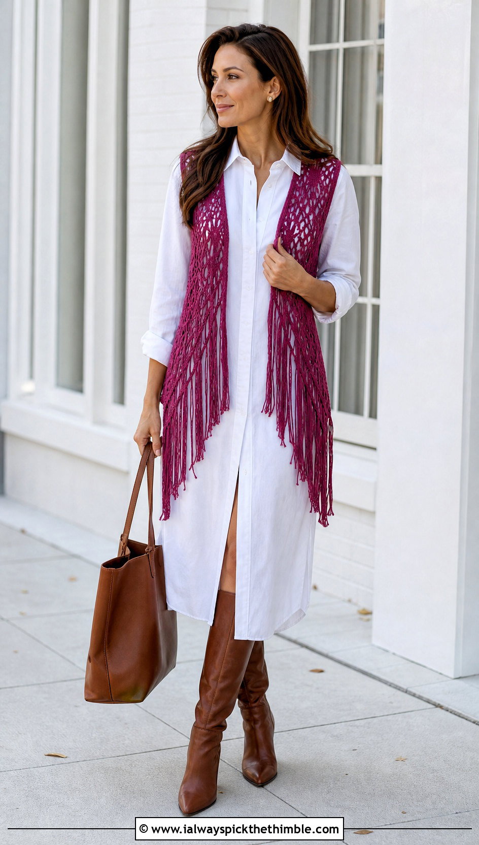 Fringe Crochet Vest With Poplin Shirt Dress - 25 crochet vest ideas