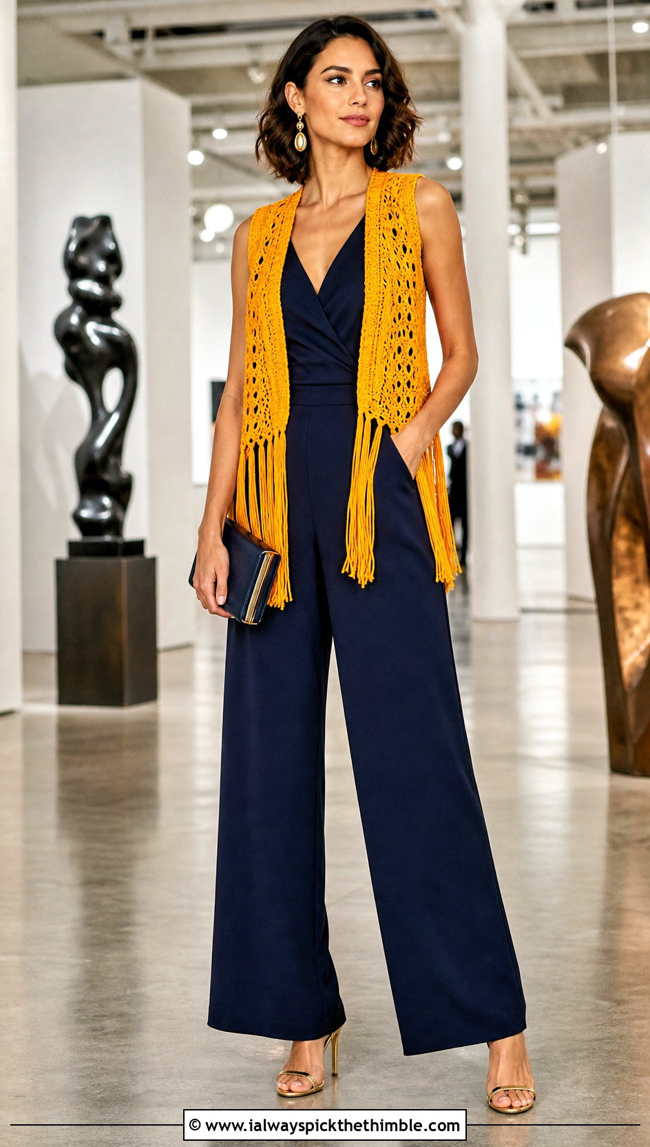 Fringe Crochet Vest With Tailored Jumpsuit - 25 diy crochet vest outfit ideas