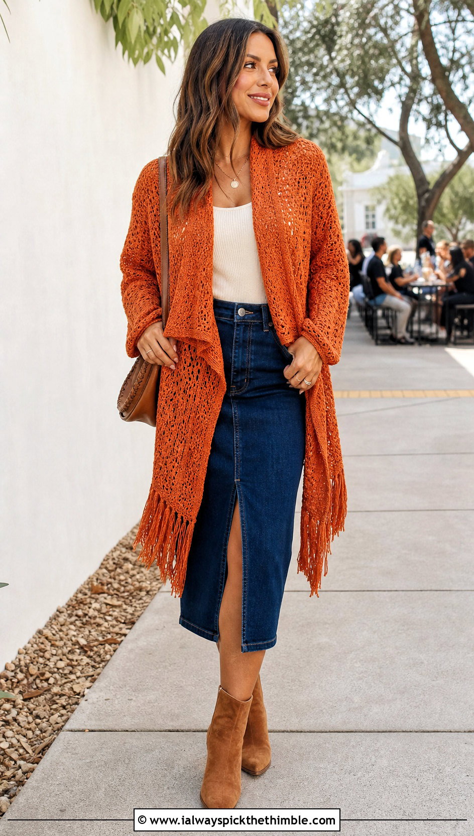 Fringe Crochet Waterfall Cardigan With Denim Midi Skirt - 20 crochet waterfall cardigan outfit ideas