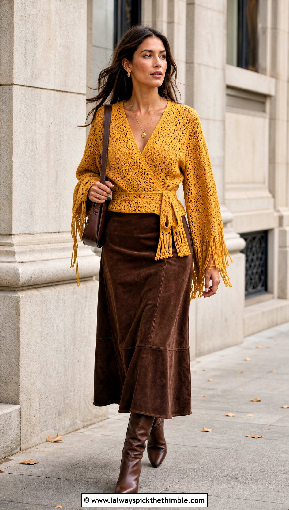 Fringe Crochet Wrap Shirt With Suede Midi Skirt - 20 crochet wrap shirt outfit ideas