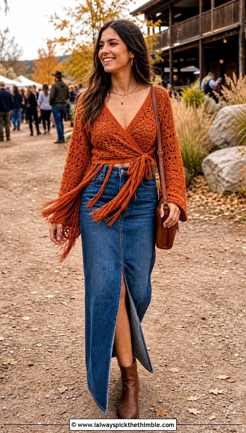 Fringe Crochet Wrap Top With Denim Maxi Skirt - 20 wrap around crochet top outfit ideas